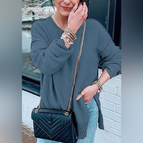 MEROKEETY Women's Casual Crew Neck Side Split Pullover sweater medium - Picture 3 of 12